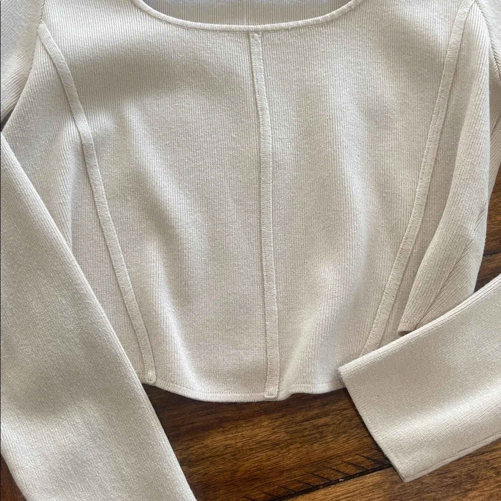 House of Harlow corset ribbed long sleeve scoop cropped beige knit sweater sz L - Picture 2 of 14